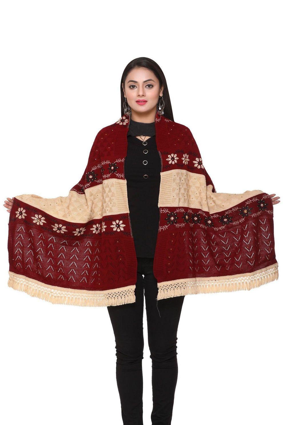 Women's Woolen Color Block Pattern Winter Stole
