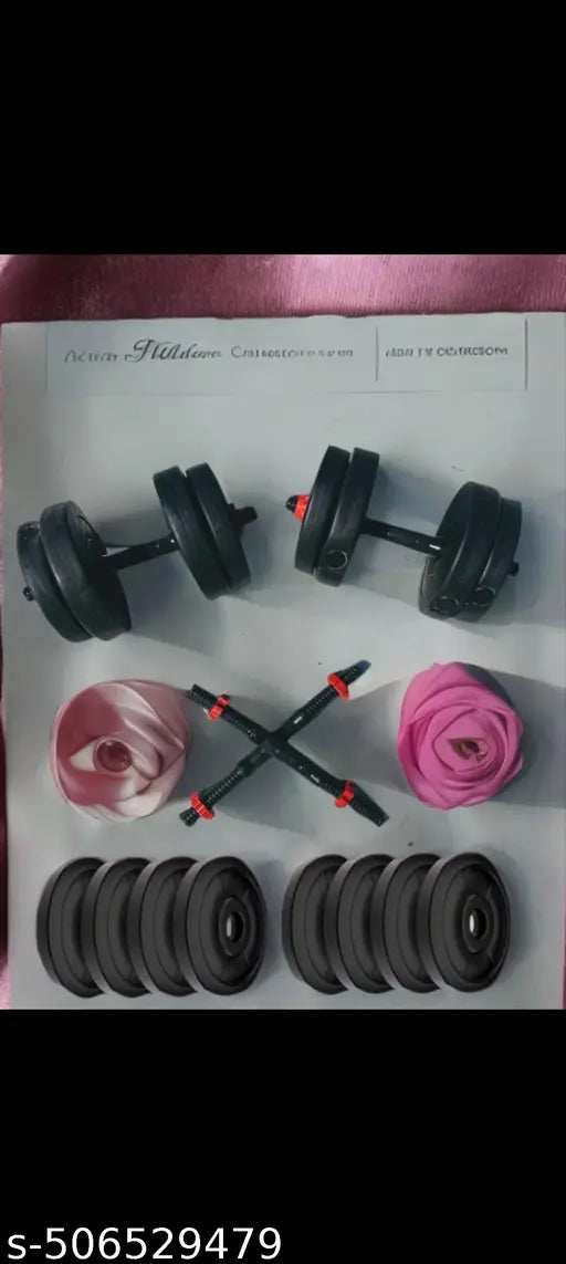 20 kg of PVC weight (3 kg x 4 = 12 kg, 2 kg x 4 = 8 kg), 2 x 14 inch dumbbell rods with nuts